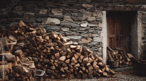 Obraz A quaint stack of firewood leans against a textured stone wall, suggesting warmth, homey comfort, and rustic simplicity.