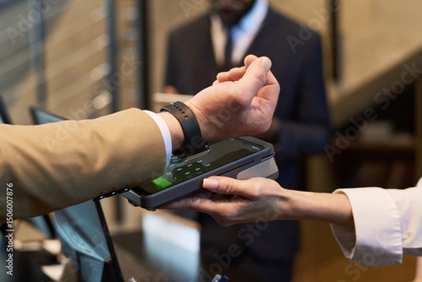 Fototapeta Close-up of a contactless payment transaction at a checkout counter, showing hands and payment device, indicating secure and convenient transaction technology