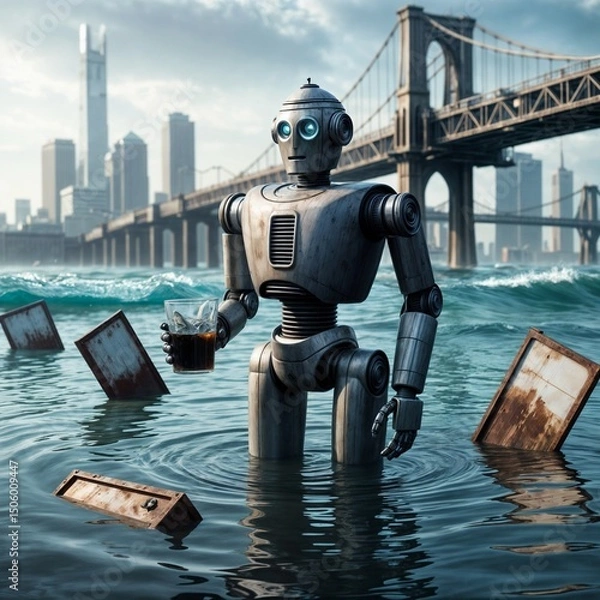 Fototapeta robot holding polluted water container in sunken futuristic city with floating debris for use in environmental disaster concepts and sci fi storytelling