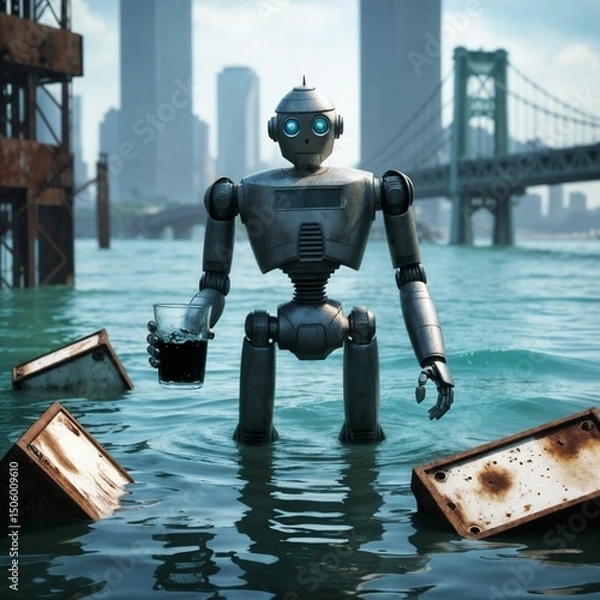 Fototapeta flooded megacity with robot standing in dirty water and submerged billboards for use in climate crisis illustrations and dystopian visuals