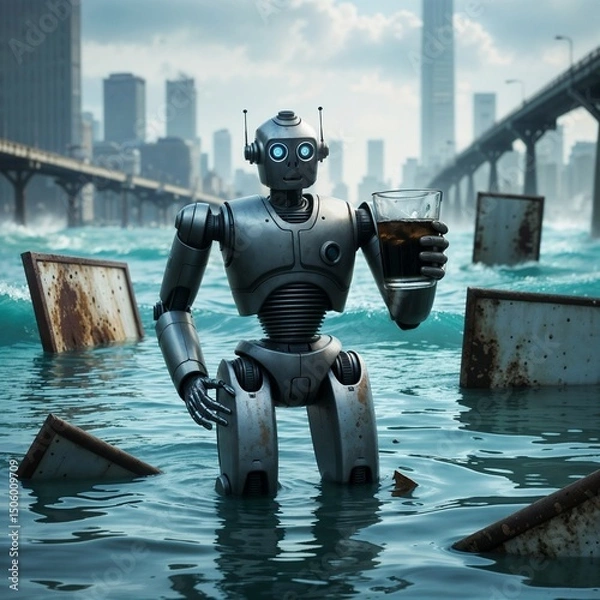 Fototapeta abandoned urban landscape with robot and glass jar of contaminated water for use in eco awareness projects and futuristic pollution scenes