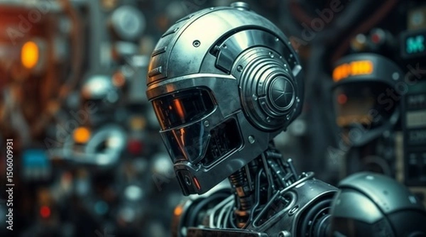 Fototapeta metallic robot with rich oil painting textures and blurred bokeh background for art prints
