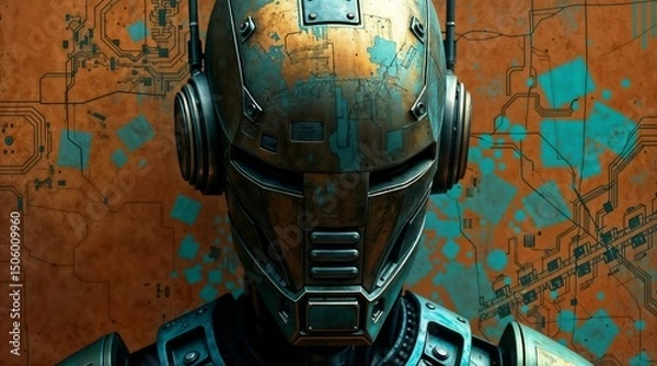 Fototapeta robot with antique bronze texture and patina finish in warm terracotta and cool teal for digital art