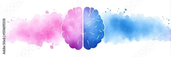 Fototapeta Human Brain Watercolor Illustration - Watercolor illustration of a human brain divided into two hemispheres, pink and blue, representing different functions or thinking styles