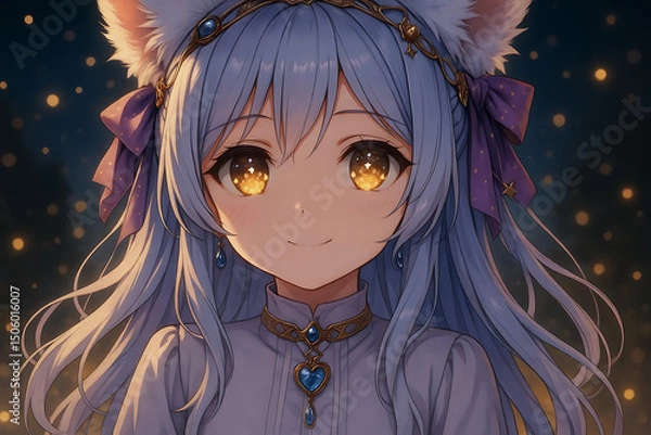 Fototapeta Enchanting anime girl with glowing golden eyes and blue hair, adorned with magical jewelry and a heart pendant, illuminated by soft glowing lights in a mystical night fantasy setting.