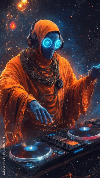 Fototapeta A surreal space shaman with elongated facial features, wearing traditional orange attire, hands moving over DJ equipment, manipulating sound vibrations in a dreamy interstellar scene. AI Generative