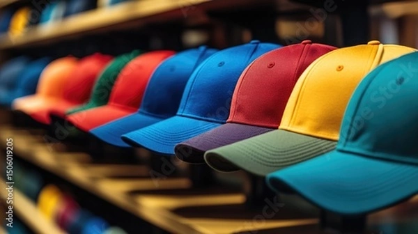 Fototapeta Row of Baseball Caps on Shelf