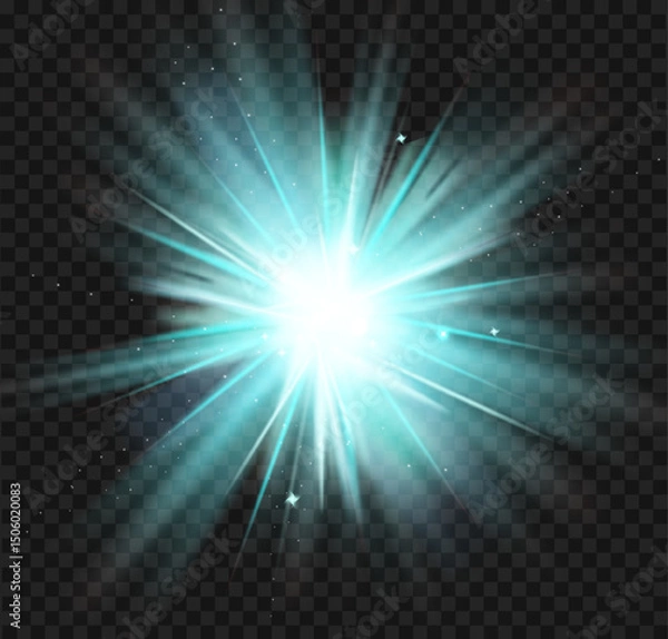 Obraz azure blue rays burst creating a glowing light effect, sparkling stars on transparent background