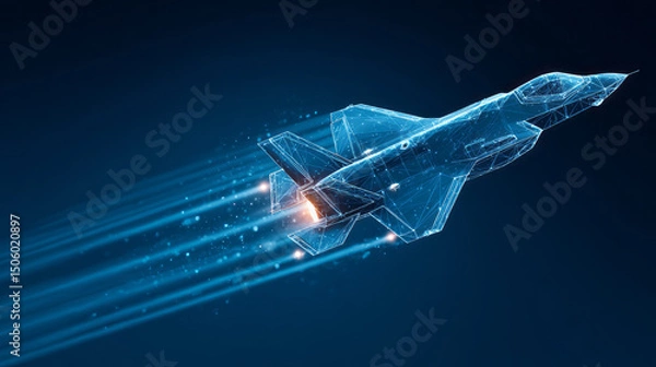 Fototapeta Futuristic wireframe low-poly illustration of an plan flying fast with blue laser beams shooting from the plane, on a dark blue background,