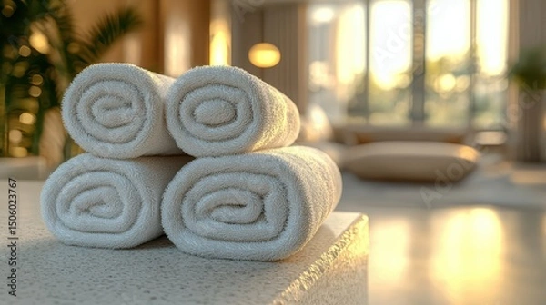 Obraz Luxurious rolled towels on a serene light countertop