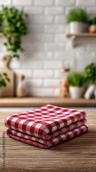 Obraz Minimalist kitchen scene with elegant checkered towel on oak counter