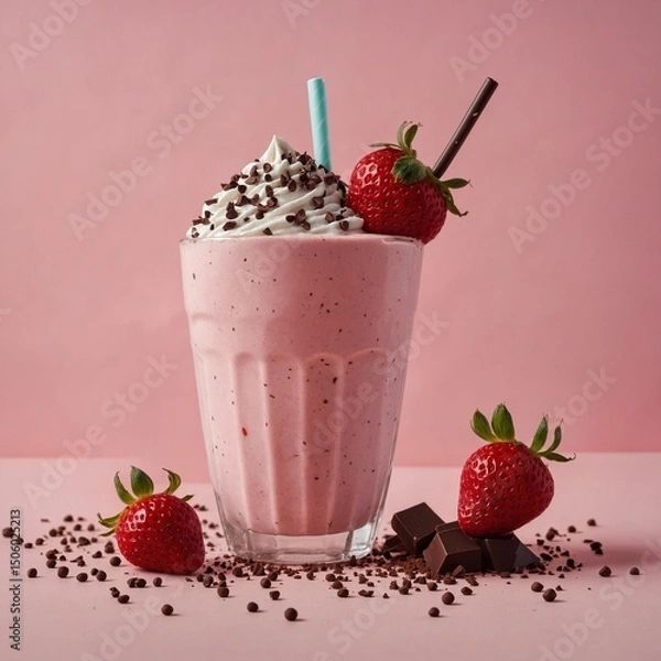 Fototapeta Aesthetic flat-lay of a strawberry milkshake on a pastel pink background with chocolate sprinkles scattered around.