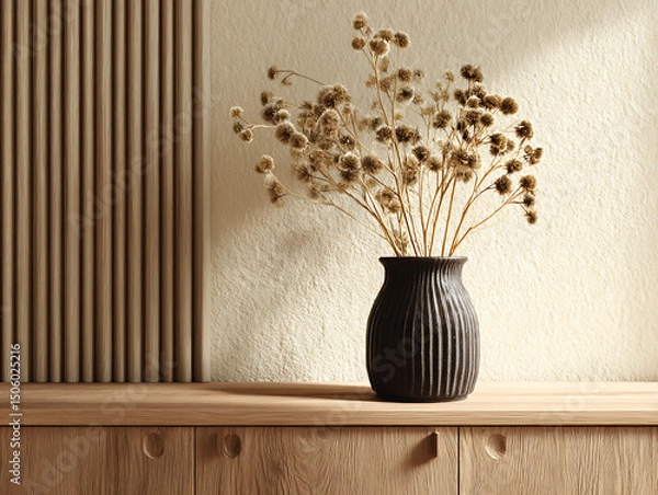 Fototapeta A charming floral arrangement of flowers in a vase adorns a wooden table, bringing nature's decor into the home interior