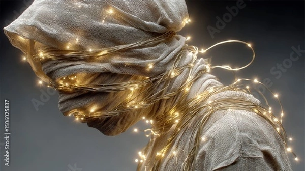 Fototapeta A figure wrapped in cloth and glowing string lights, creating a mysterious and artistic silhouette against a dark background.