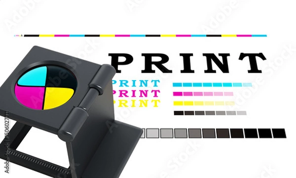 Obraz Printing loupe standing on colour test paper on transparent background. 3D illustration
