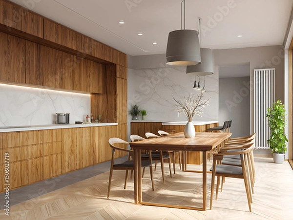 Fototapeta Modern interior design with dining room table and chairs, light wood floor, and large window