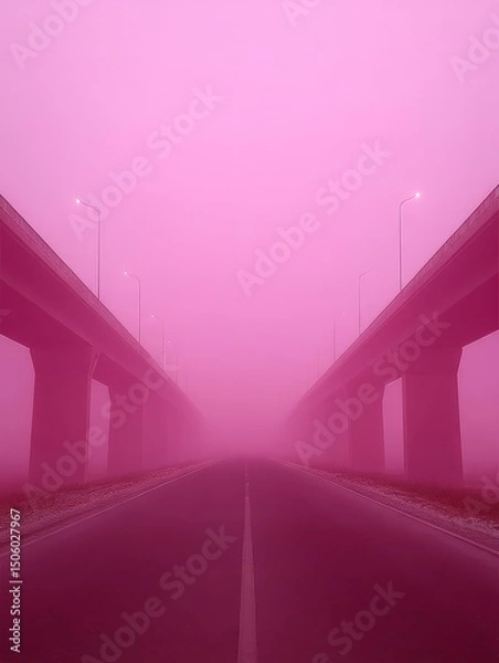 Fototapeta Pink Mist Highway - A long road stretches out under an overpass, shrouded in a thick pink fog. Mysterious and atmospheric