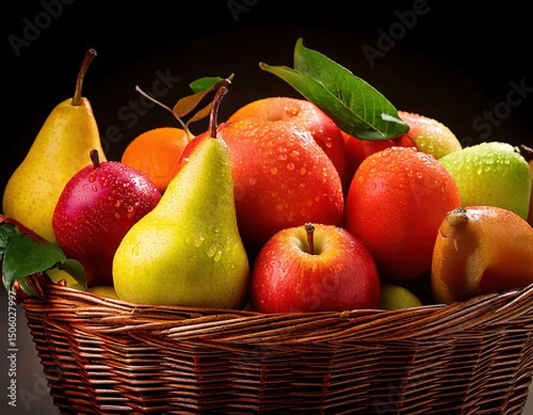 Fototapeta Basket of apples and pears with water droplets