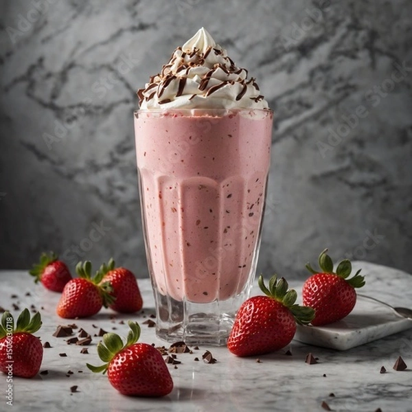 Fototapeta Strawberry milkshake on a marble table, garnished with whipped cream, chocolate shavings, and a fresh berry.