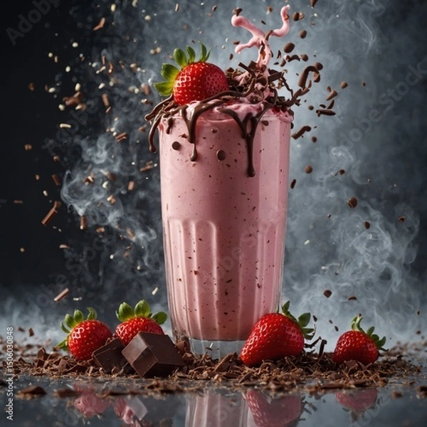 Fototapeta Strawberry milkshake surrounded by falling chocolate shavings and misty cold vapor.
