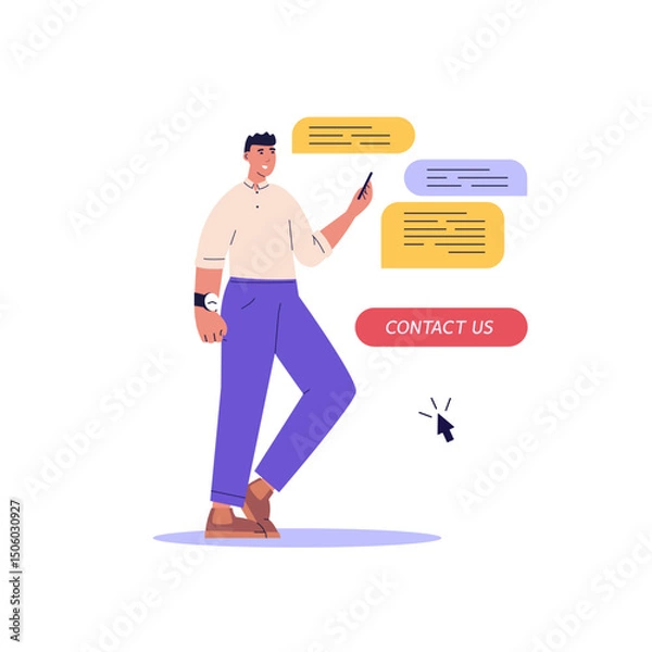 Fototapeta Person using mobile phone and writing mail. Contact us banner. Concept of online support, customer support, email marketing. Vector illustration for UI, web banner, mobile app