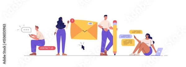 Obraz People using mobile phone and writing mail. Contact us banner. Concept of online support, customer support, email marketing. Vector illustration for UI, web banner, mobile app