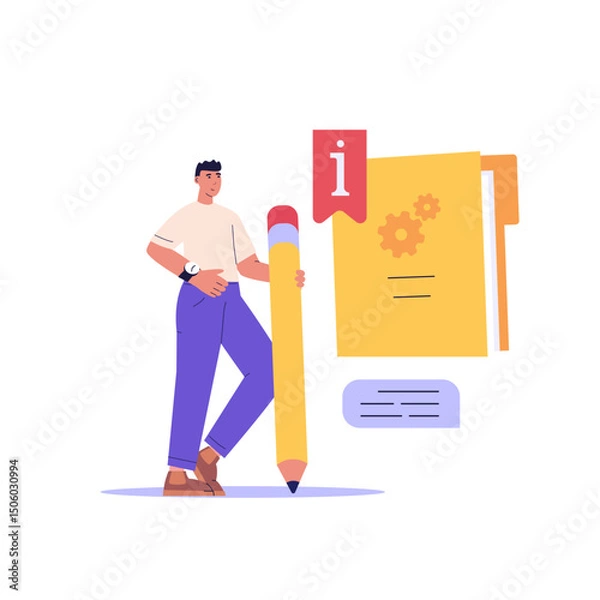 Fototapeta Reading user manual book. User reading and writing guide instruction with information mark. Concept of customer guide, useful information, FAQ. Vector illustration for UI, web banner