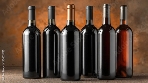 Fototapeta Sophisticated wine bottle mockup in a row with dark labels and a textured background