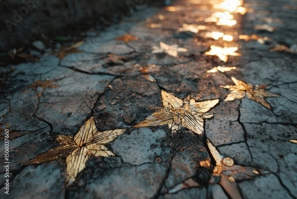 Obraz Wooden stars resting on cracked earth, symbolizing resilience and hope – perfect for editorial pieces, conceptual designs, or themes of survival, growth, and transformation