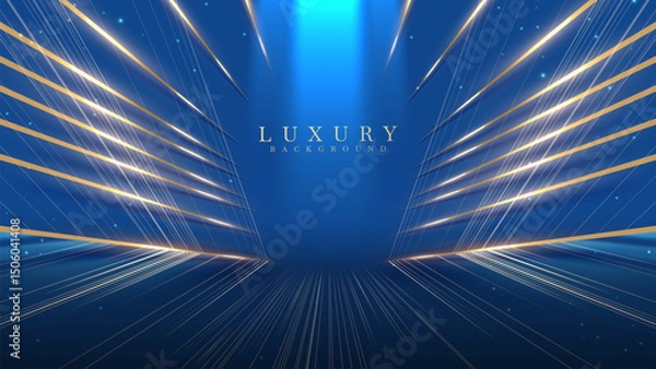Fototapeta Empty blue stage scene with golden neon light lines. Luxury background design concept. Perfect for awards ceremony, celebrations and grand openings. Vector illustration.