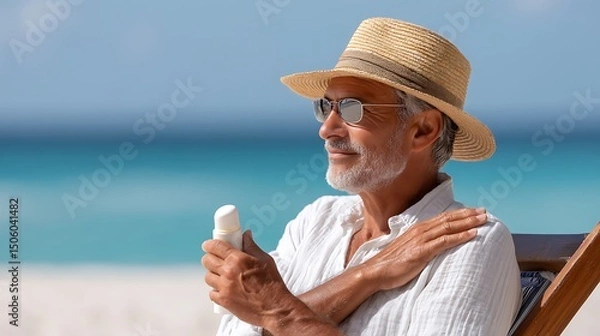 Fototapeta Man applying sunscreen on a beach wearing sunglasses and a hat with blue water in the background