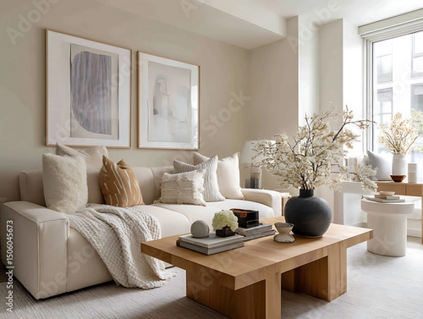 Fototapeta Modern living room interior with comfortable sofa, furniture, and elegant home design