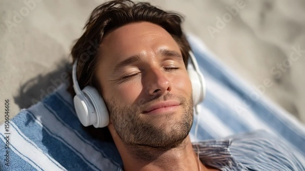 Fototapeta A man with headphones lying on a striped towel on the beach with his eyes closed and a serene expression