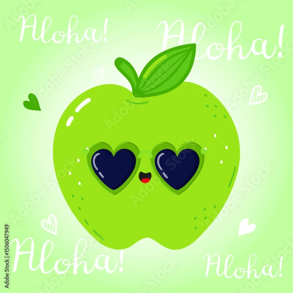 Obraz A whimsical illustration of a green apple with heart-shaped eyes saying Aloha on a pastel background.