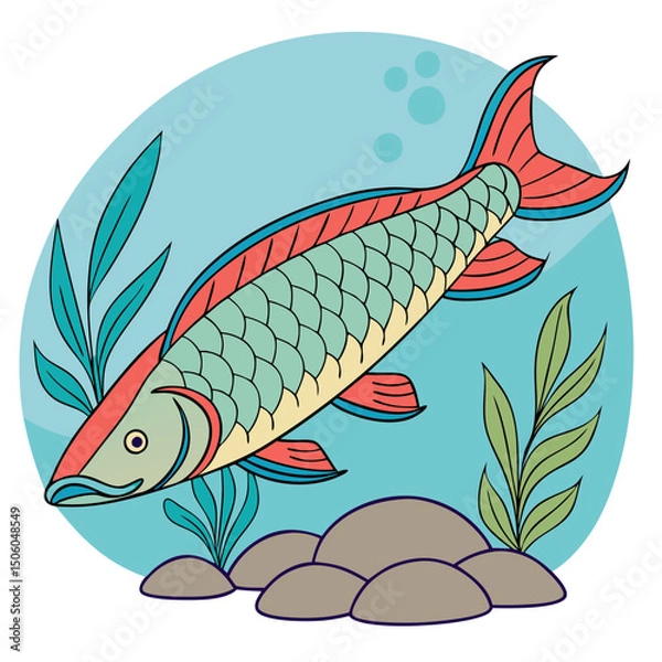 Obraz Realistic full-body illustration of Arapaima, a stunning large freshwater aquarium fish, perfect for aquatic-themed design and digital projects.