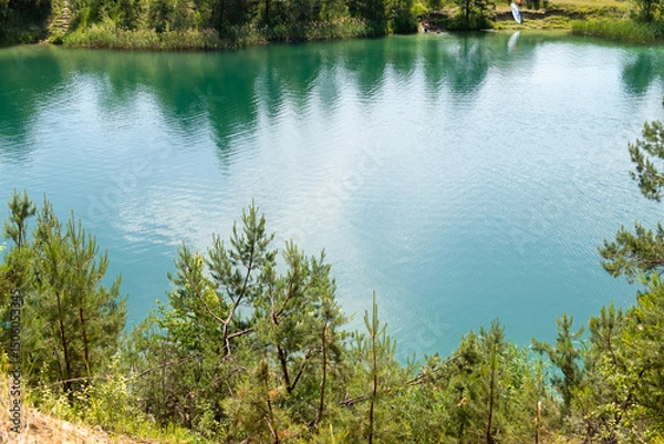 Obraz beautiful summer nature, turquoise lake surrounded by pine trees