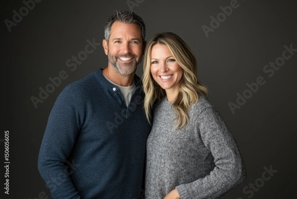Fototapeta A happy couple, mid-aged, smiling at the camera, with a gray background wearing casual sweaters.
