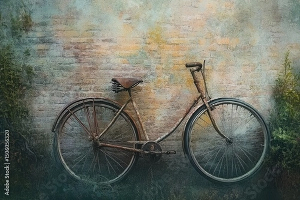 Fototapeta A vintage bicycle with rust, leaning against a weathered brick wall with greenery, showcasing aging and nostalgic charm.