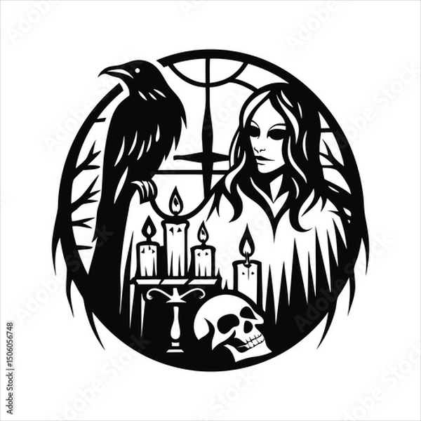 Obraz Gothic witch with raven  candles  and skull  black