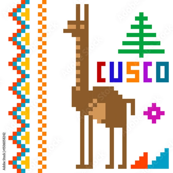Fototapeta Peruvian design with llama and Cusco in embroidery style.eps