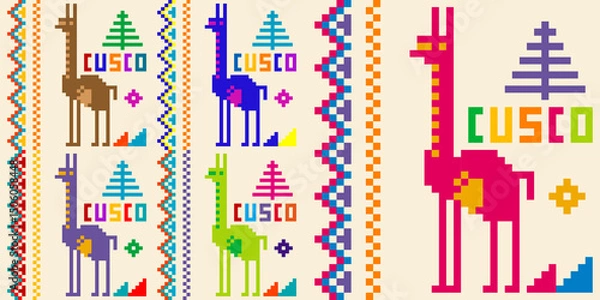 Fototapeta Colorful peruvian background with llama and Cusco in embroidery style