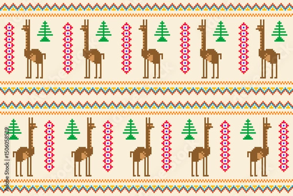 Fototapeta Peruvian pattern with llamas in embroidery style