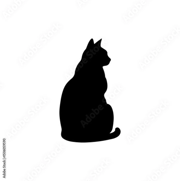 Fototapeta Elegant Black Cat Silhouette Vector – Minimal Sitting Feline Isolated on White Background