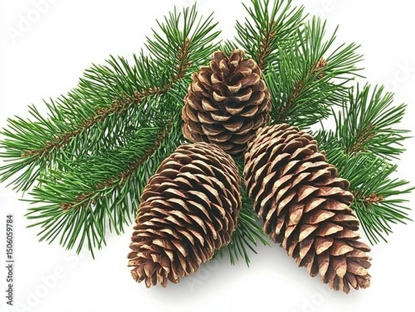 Fototapeta Three Pine Cones and Evergreen Branches High-Resolution Image, Nature Composition, Winter Holiday Decor, Pine, Cones, Evergreen Pine, Holiday