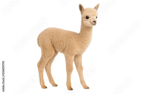 Fototapeta Cute baby alpaca standing in profile view isolated on transparent background