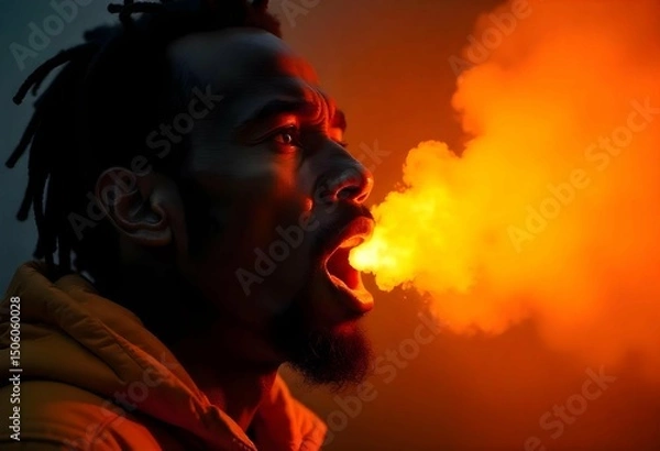 Fototapeta Realistic facial expressions showing fear or alarm in a dangerous situation — close-up, dramatic lighting, dark background, cinematic feel — could include visual cues like fire, storm, or sirens