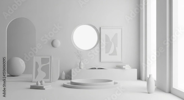 Fototapeta Abstract Minimal Interior in White Monochrome Colors Representing Contemporary Design with Copy Space