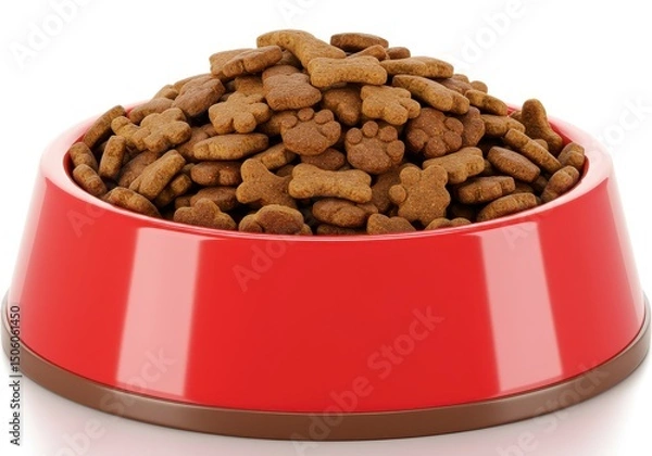 Fototapeta A red bowl filled to the brim with brown dog food shaped like bones and paw prints on a white background