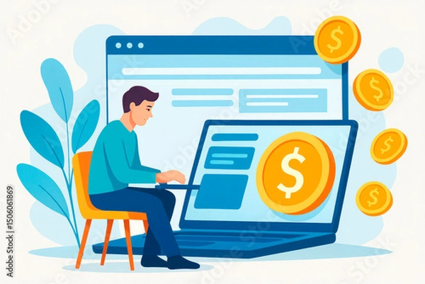 Obraz A young man at a laptop with coins and a browser.