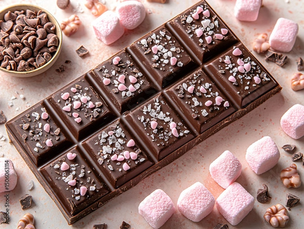 Obraz Flat Lay of Dark Chocolate Bar with Pastel Marshmallows and Sea Salt